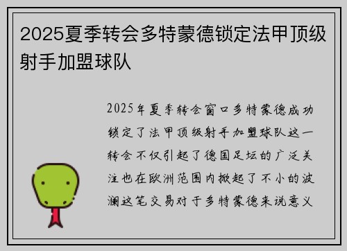 2025夏季转会多特蒙德锁定法甲顶级射手加盟球队