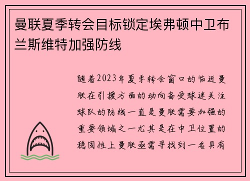 曼联夏季转会目标锁定埃弗顿中卫布兰斯维特加强防线 曼联夏季转会目标锁定埃弗顿中卫布兰斯维特加强防线